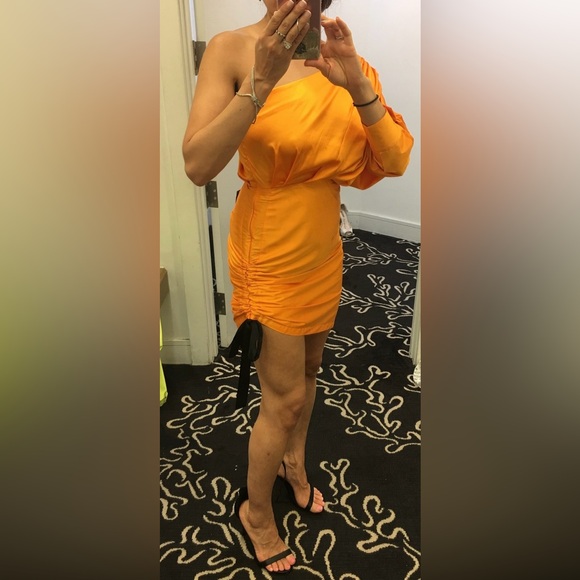 One Shoulder Dress, Satin, short Orange/Gold Color, classy cocktail, Size S - Picture 5 of 16